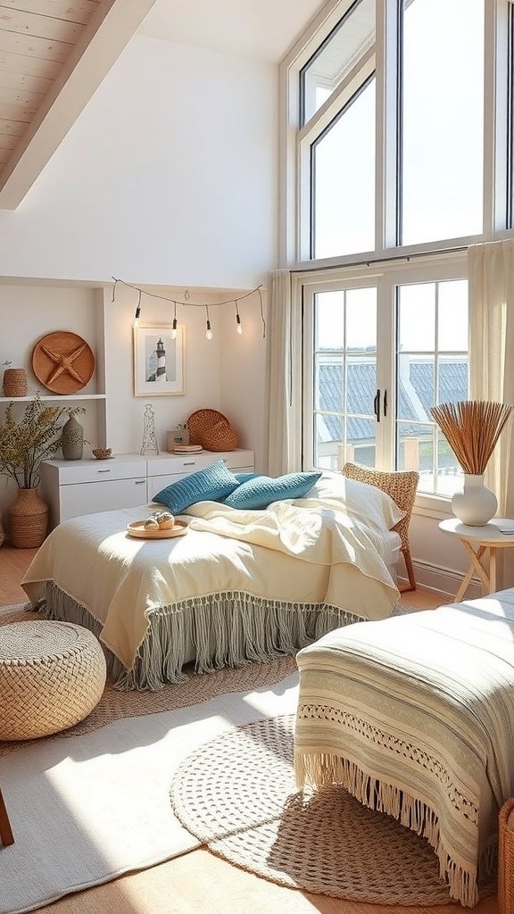 A bright and airy boho bedroom with a large window, light-colored bedding with fringe, woven decor, and natural elements.