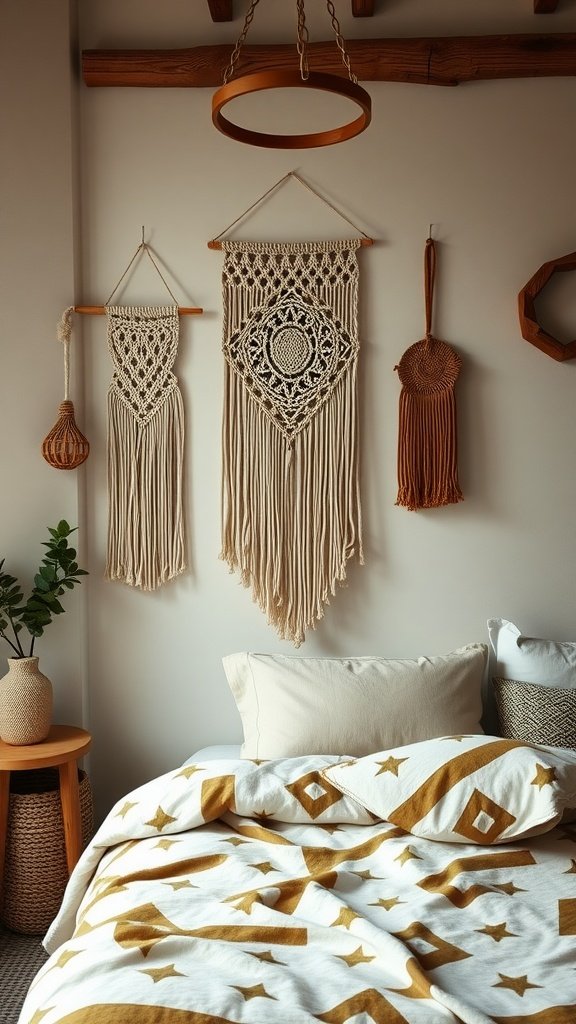 A boho bedroom featuring a circular pendant light, macramé wall hangings, and soft bedding with geometric patterns.