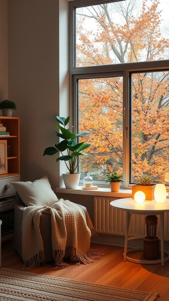 Cozy home office with warm lighting, a window showing fall foliage, and plants