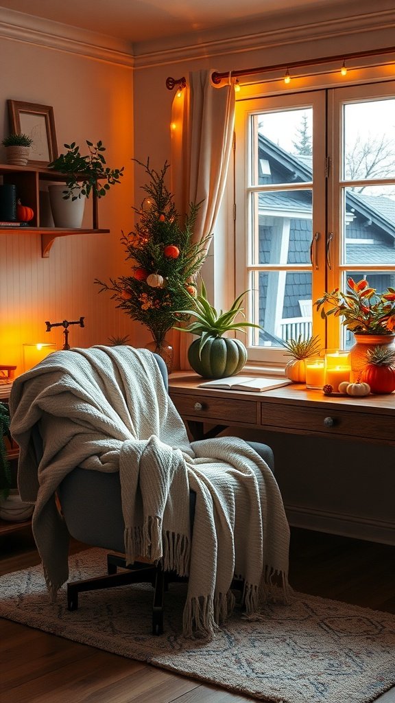 A cozy home office with soft lighting, a blanket draped over a chair, candles on the desk, and festive decorations.