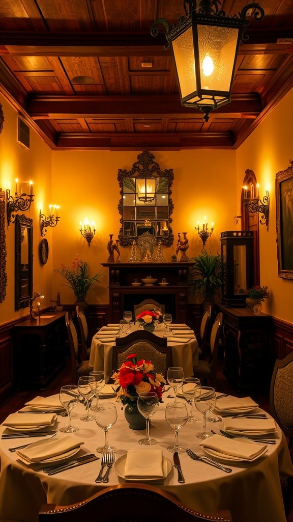 A luxurious Italian dining room with warm lighting and an elegant setup.