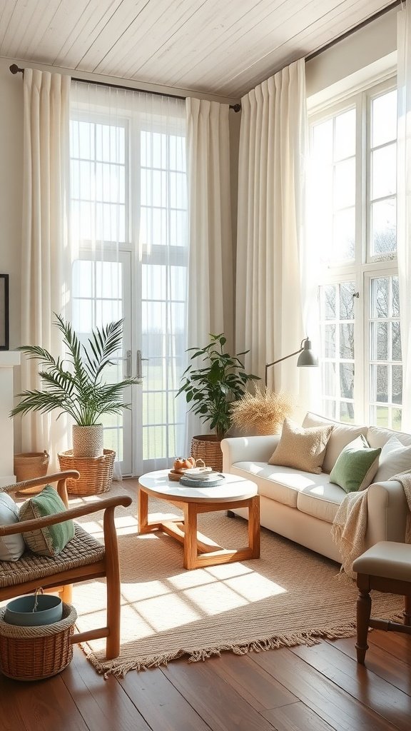Bright modern farmhouse living room with linen curtains and natural decor