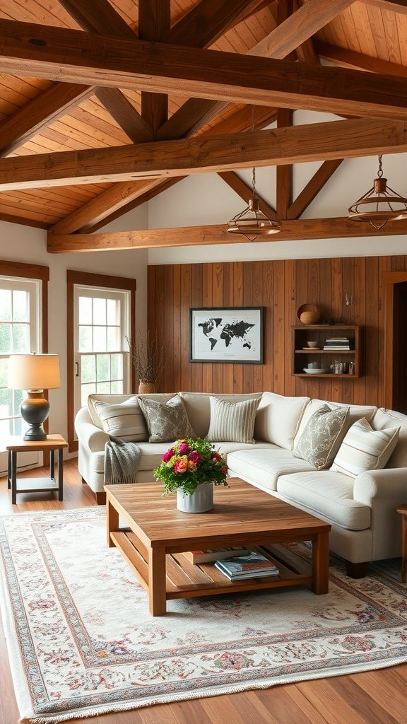 Cozy farmhouse living room with wooden beams, soft couch, and floral centerpiece