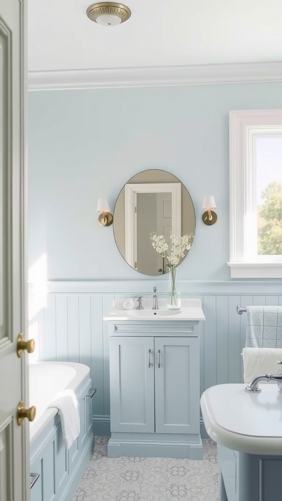 A serene bathroom painted in Lullaby by Sherwin-Williams, featuring light blue walls, a round mirror, and stylish fixtures.