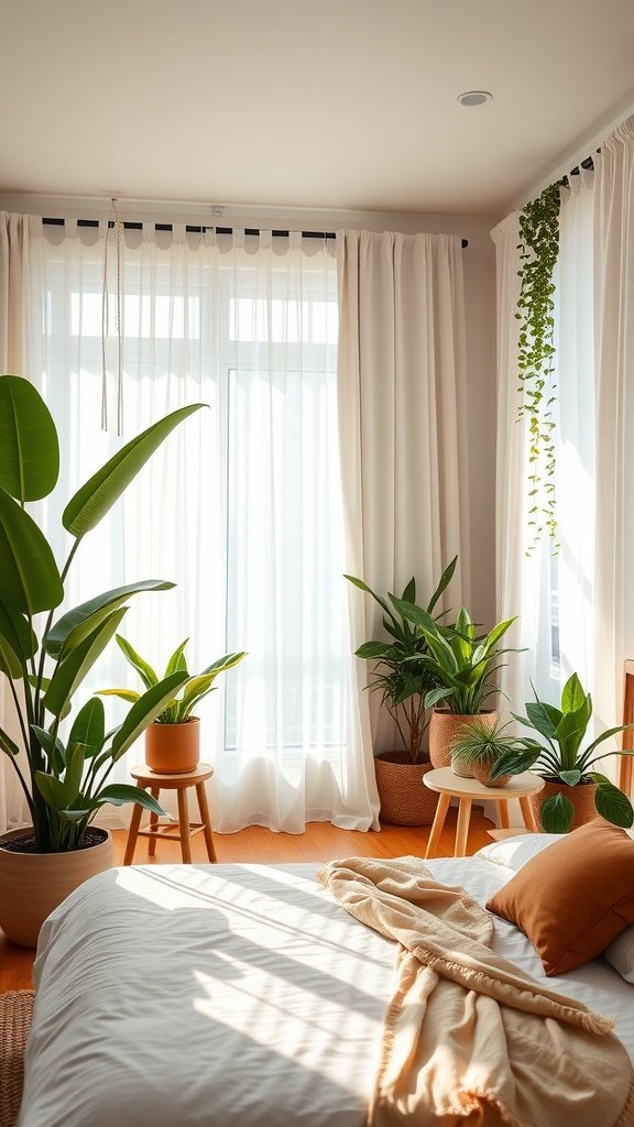 A cozy bedroom with large plants, terracotta accents, and soft bedding, illuminated by natural light.