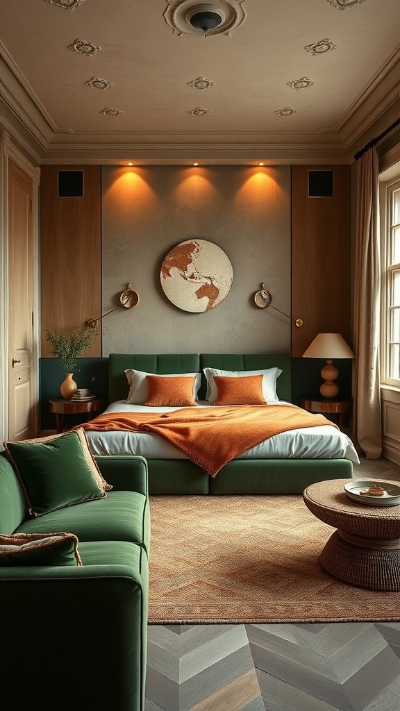 A luxurious bedroom featuring a green velvet bed and terracotta accents, with warm lighting and a cozy atmosphere.
