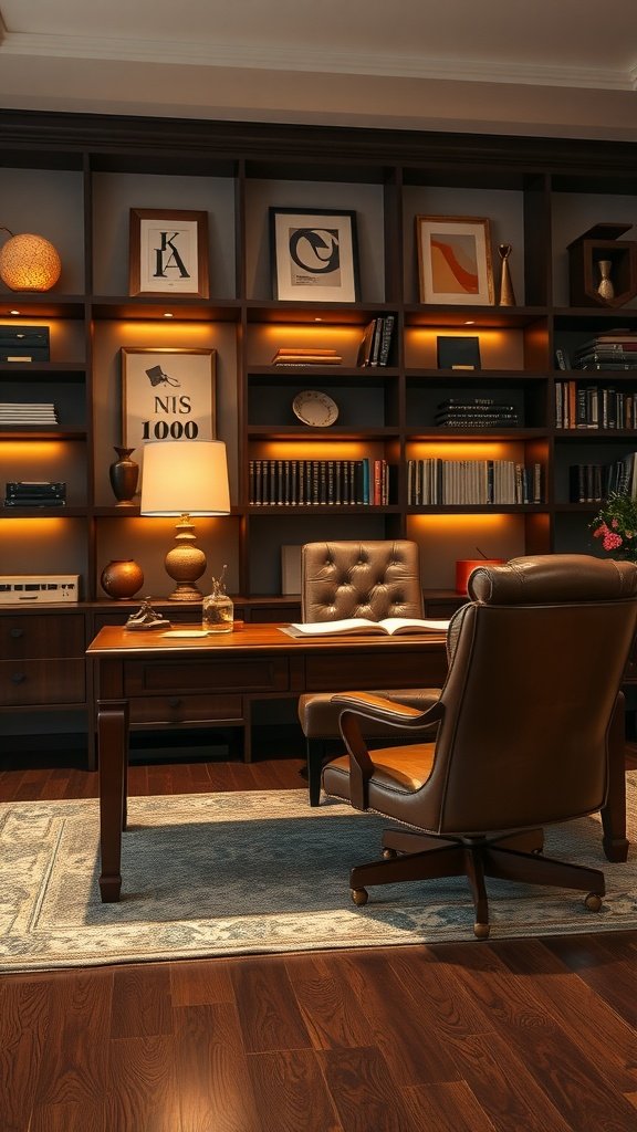 A luxurious leather home office setup featuring a wooden desk, leather chair, and a well-organized bookshelf.