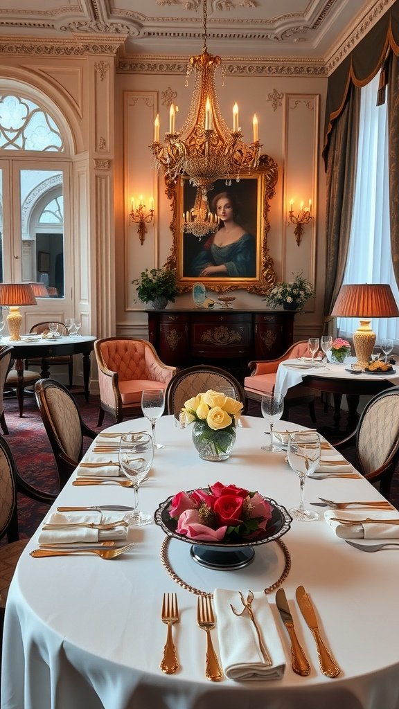 Luxurious Italian dining room with elegant chandelier, beautiful table setting, and art.