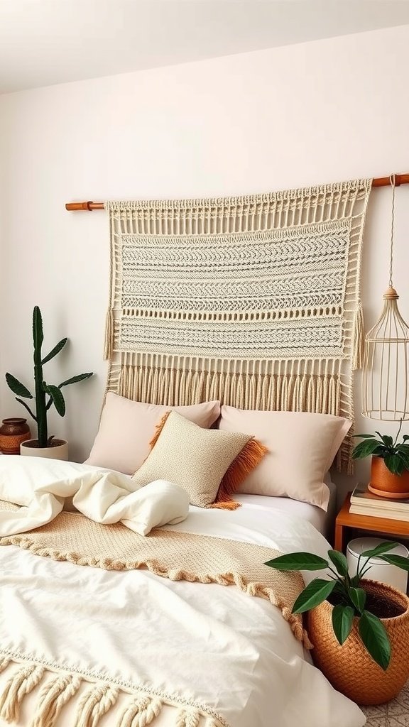 Macrame headboard over a bed with soft pillows and plants