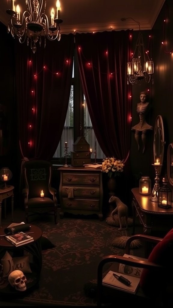 A cozy goth bedroom with dark walls, soft lighting from candles and chandeliers, velvet curtains, and whimsical decor elements.
