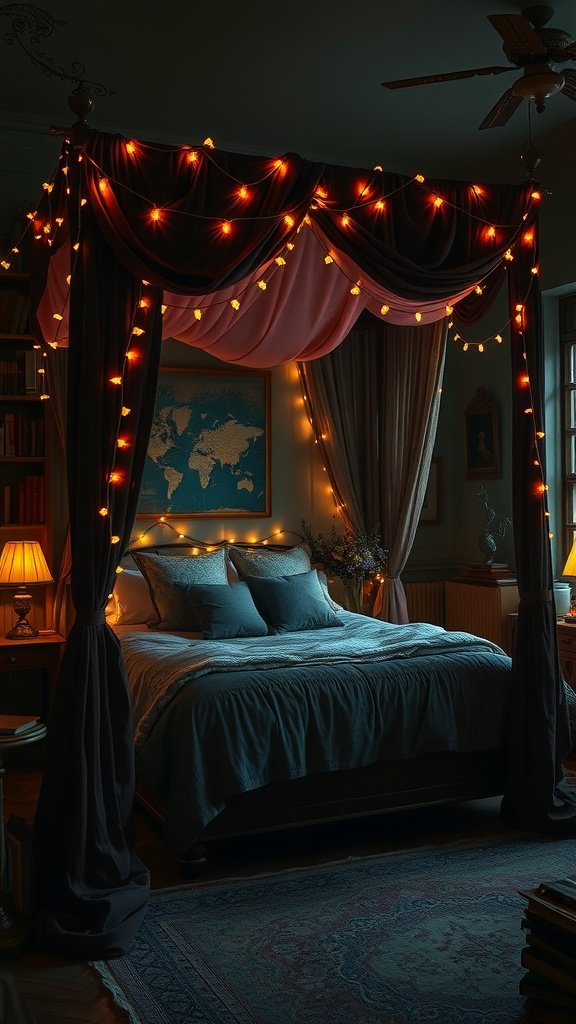 Cozy dark academia bedroom featuring a canopy bed with drapes and fairy lights.