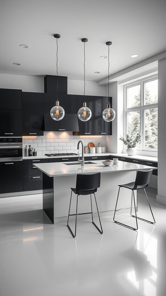 A modern monochrome kitchen featuring black cabinets, white countertops, and stylish pendant lighting.