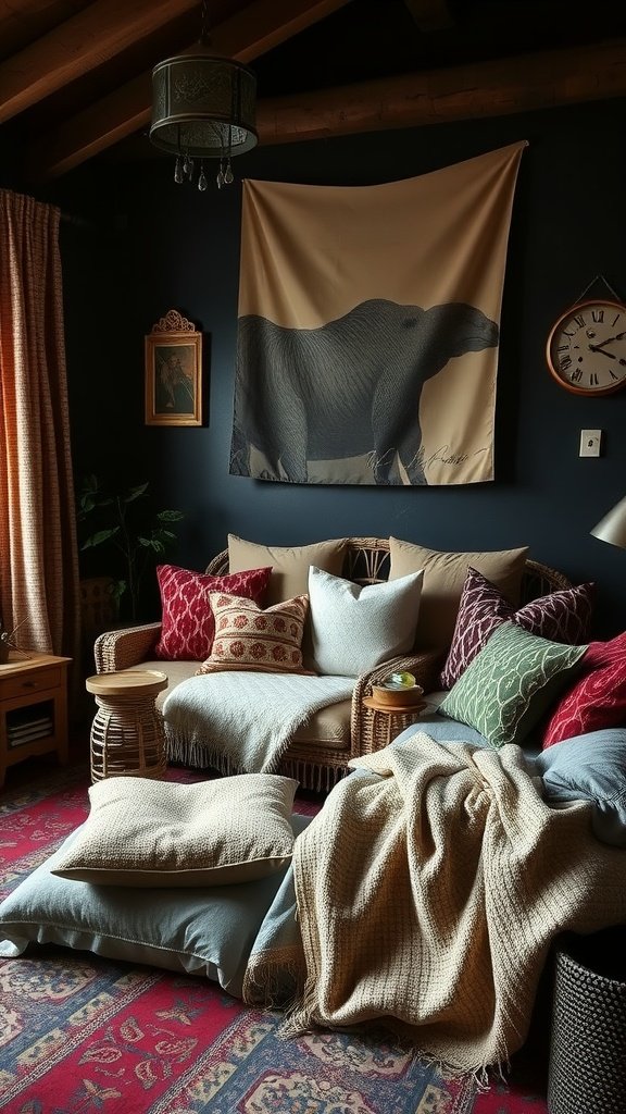 Cozy casual seating area in a dark bohemian bedroom with layered textiles and a bear tapestry.