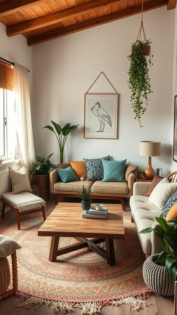 A cozy seating area in a Boho Mid-Century Modern style bedroom with plants, cushions, and wooden elements.