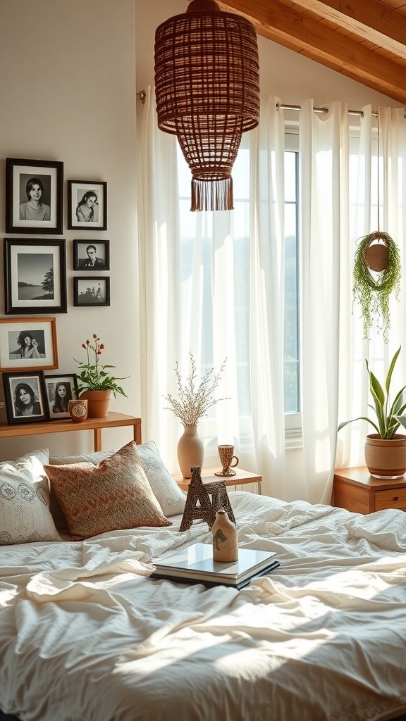 A cozy boho bedroom featuring natural light, plants, and personal decor.