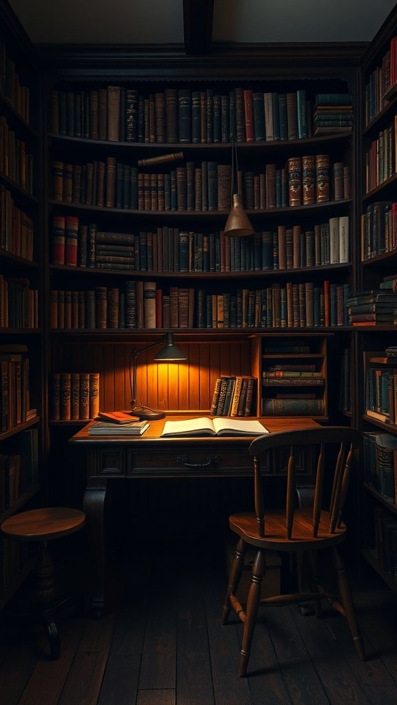 A cozy writing desk surrounded by bookshelves filled with classic books, illuminated by a warm lamp.