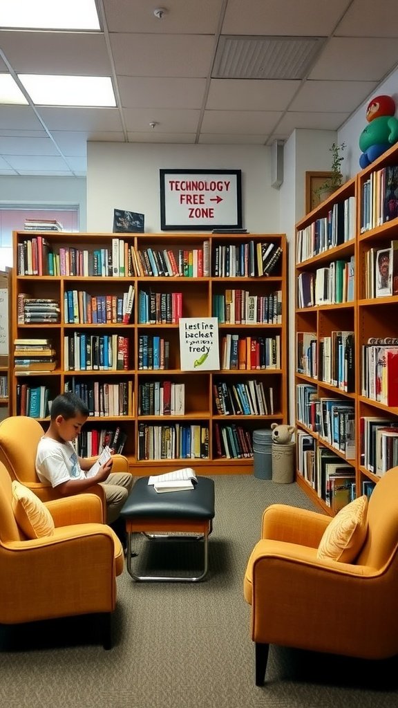 A cozy classroom reading corner featuring a child reading, bright yellow chairs, and a technology-free zone sign.