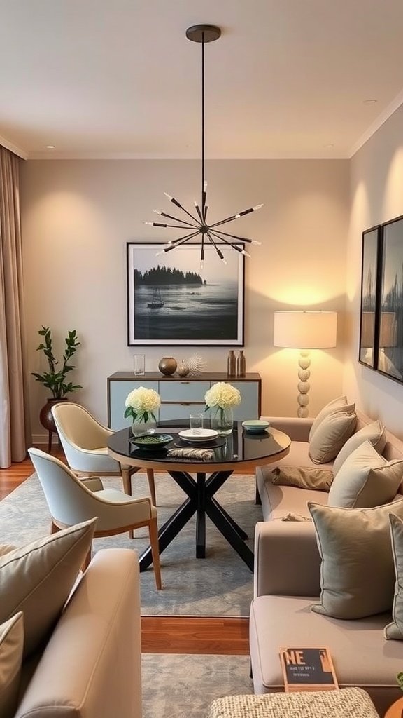 Small living room with a round dining table and stylish decor.