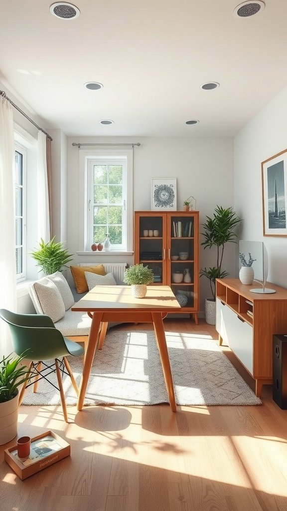 Cozy small living room with a dining table and plants, showcasing a flexible layout.