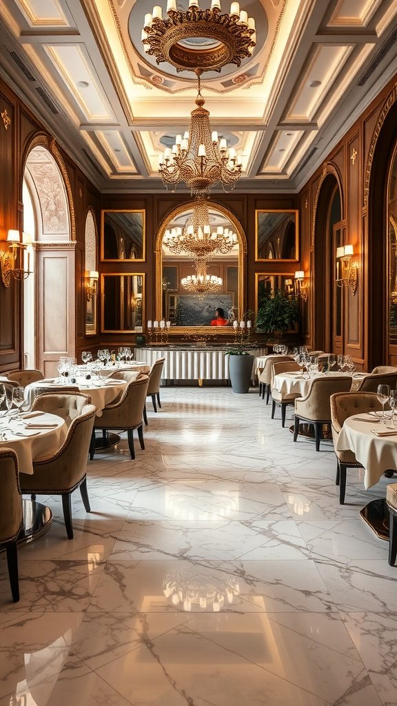 Luxurious Italian dining room with marble flooring and elegant decor.