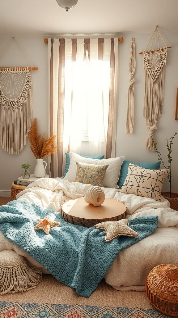 A cozy, marine-themed boho bedroom featuring light bedding, blue throw, starfish decorations, and macramé wall hangings.