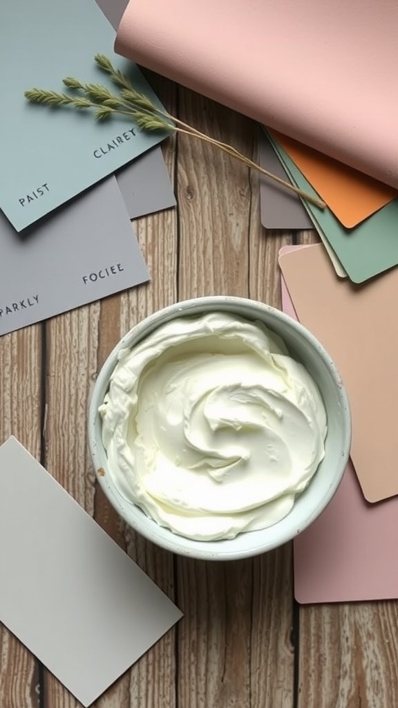A bowl of white substance with paint swatches in various colors around it on a wooden surface.