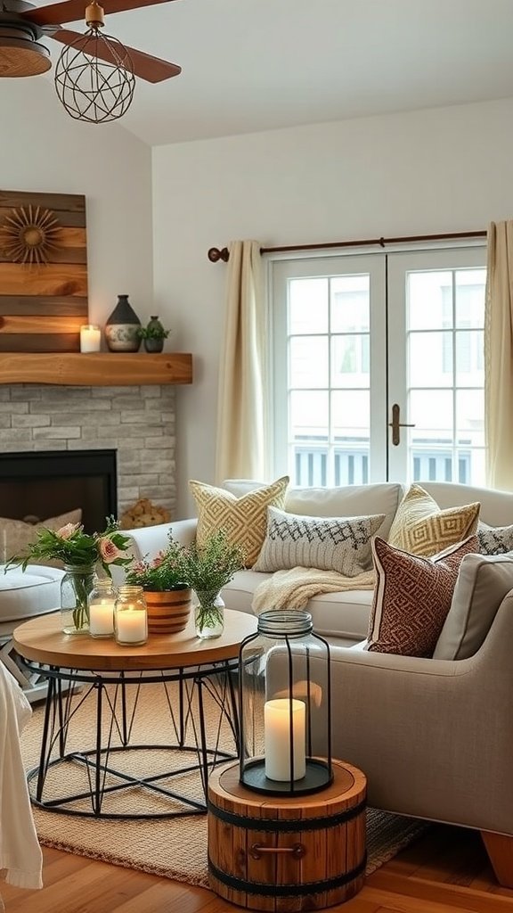 A cozy modern farmhouse living room featuring mason jar accents with flowers and candles on a wooden table.