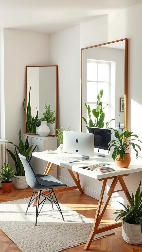 A minimalist home office featuring a desk, chair, computer, and two decorative mirrors