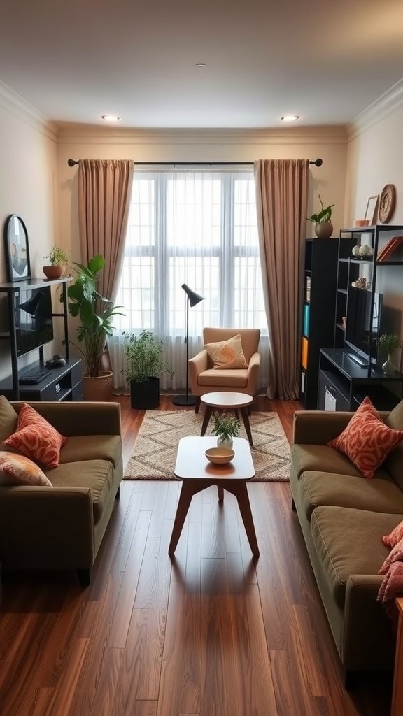 A cozy small living room with two sofas, a dining table, and plants.