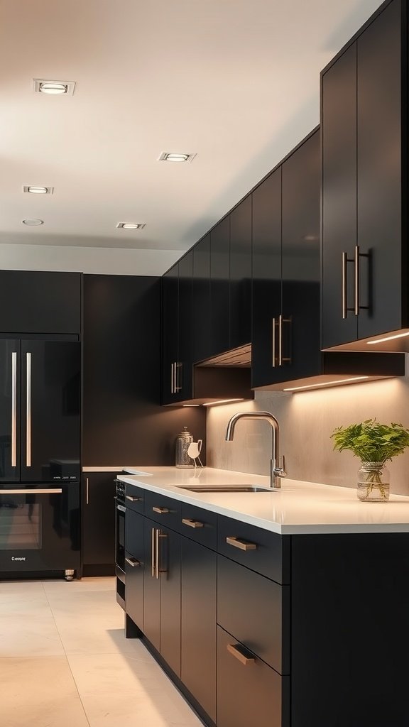 A modern kitchen featuring matte black cabinets with gold hardware and under-cabinet lighting.