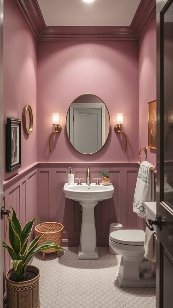 A small bathroom with mauve walls, featuring a white sink, gold accents, and plants.