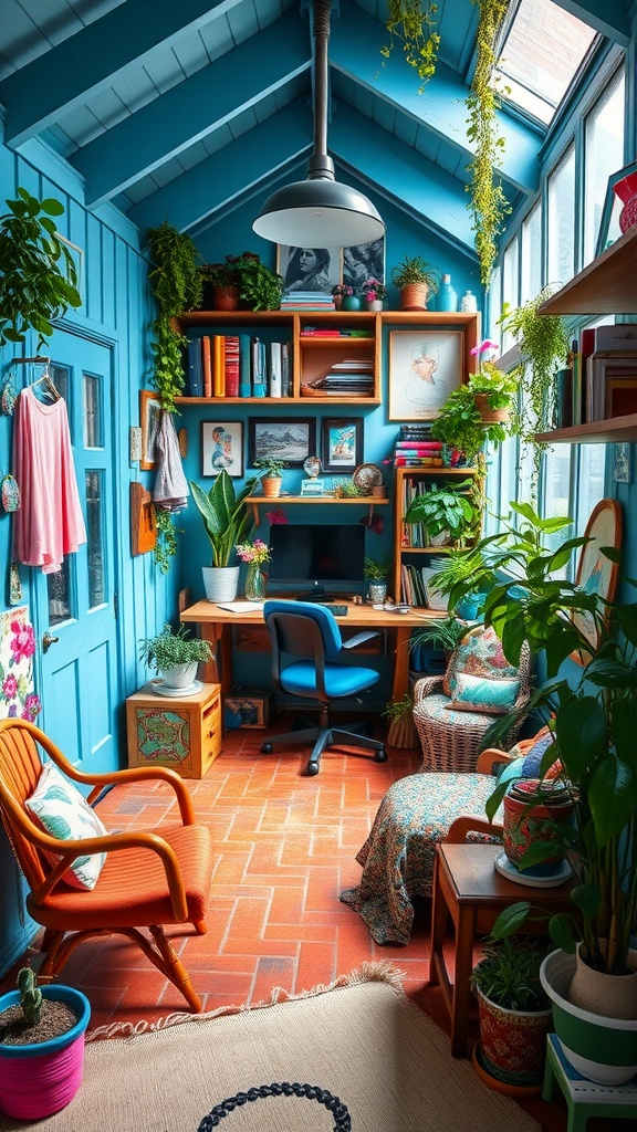 A vibrant and colorful she shed office with blue walls, lush plants, and cozy seating.