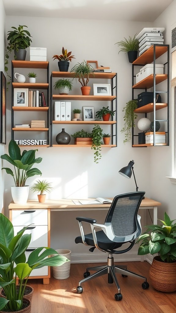 A small home office with vertical shelving, plants, and a desk.