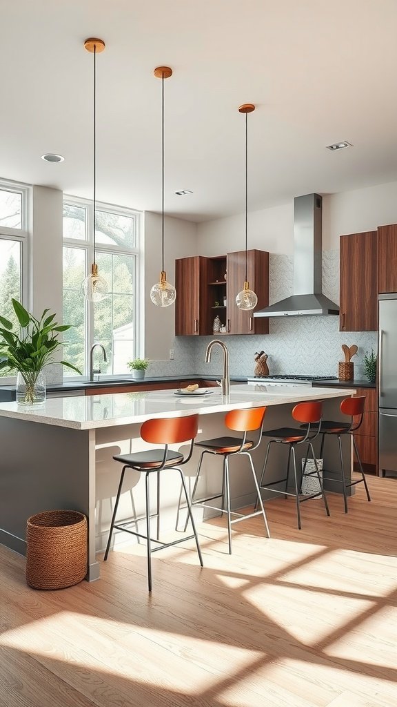 A contemporary kitchen featuring a peninsula with seating, bright orange bar stools, and natural light.