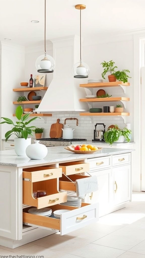 Bright kitchen with a peninsula featuring drawers and open shelving.