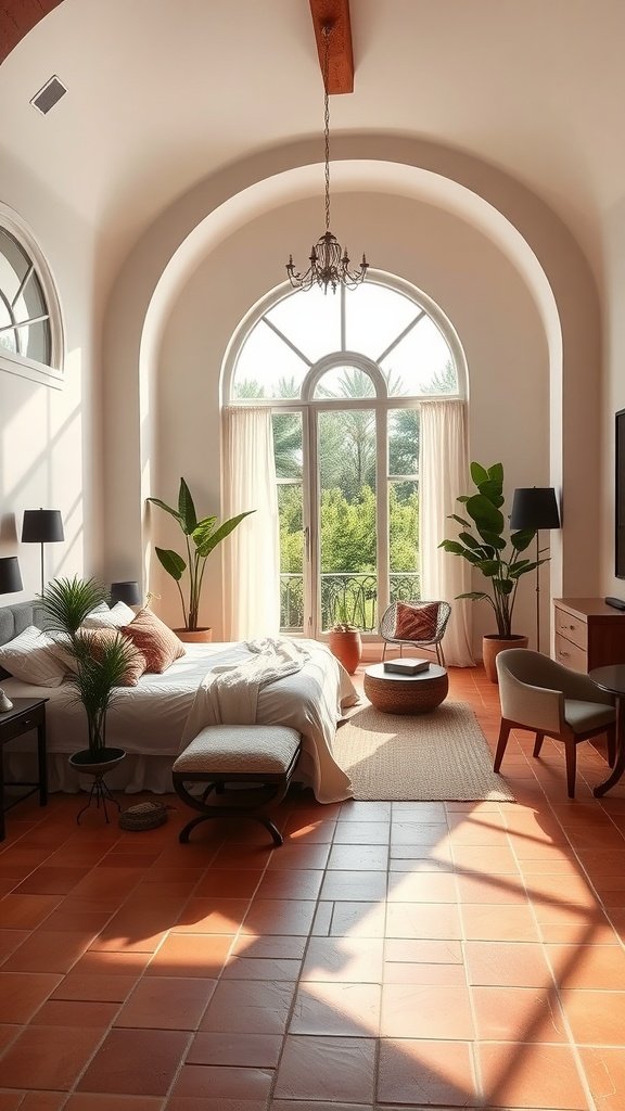 A serene master bedroom featuring terracotta tiles and large arched windows, with plants and cozy furnishings.