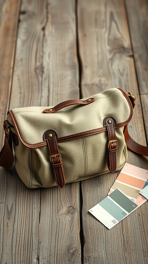 A neutral-toned messenger bag on a wooden surface with paint color swatches.