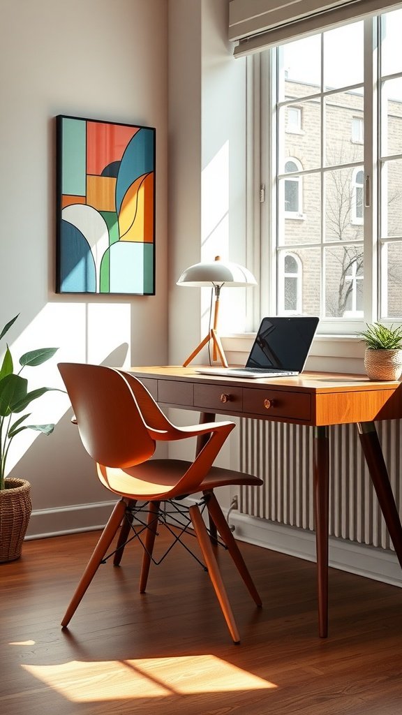 Mid-century modern home office setup with wooden desk, chair, laptop, and colorful artwork