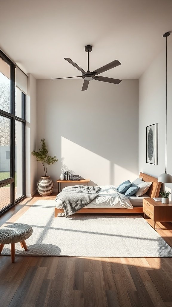 A mid-century modern master bedroom featuring a wooden bed, neutral bedding, large windows, and minimal decor.