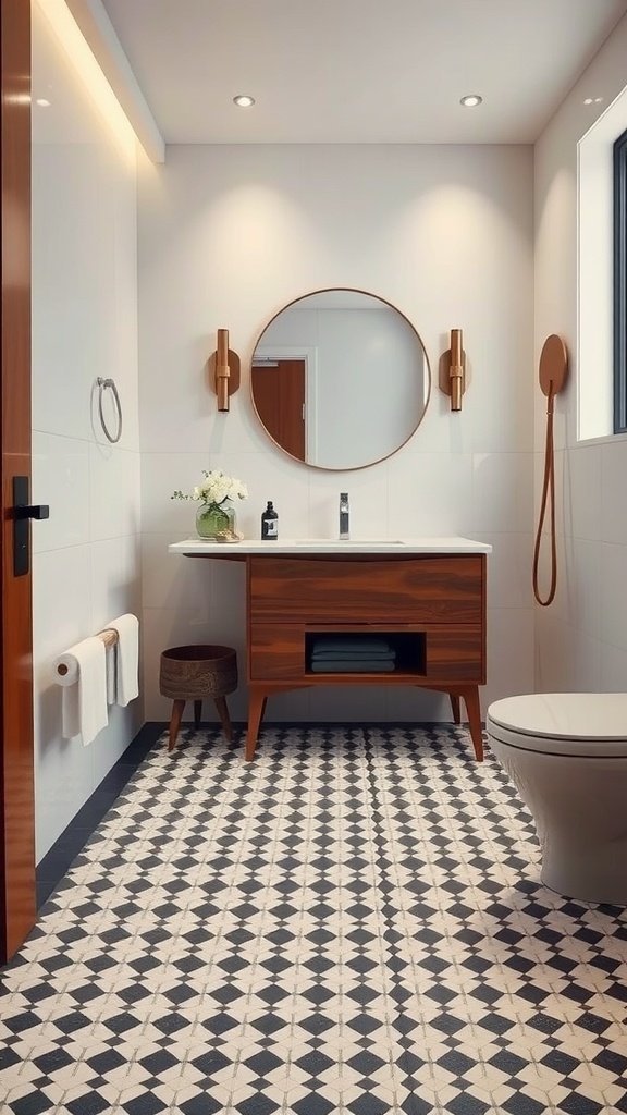 A modern small bathroom featuring black and white mosaic tiles, a walnut vanity, and a round mirror