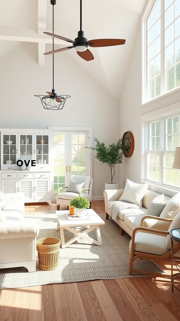 A bright and airy modern farmhouse living room with milk paint finished furniture, showcasing a cozy atmosphere.