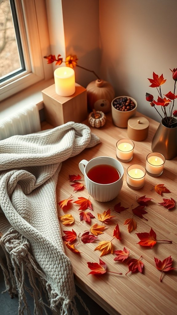 Cozy fall home office workspace with tea, candles, and autumn leaves.