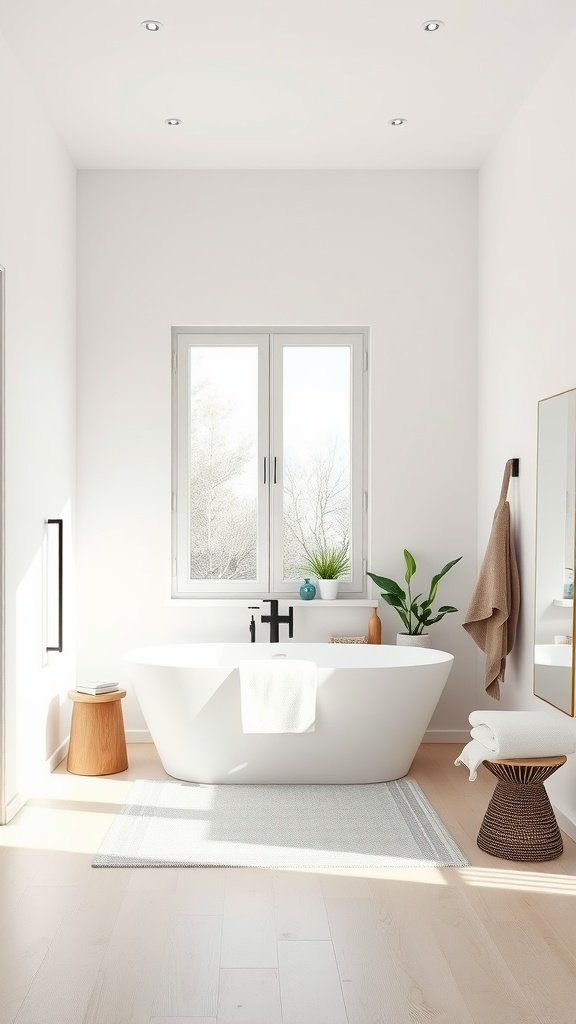 A minimal Scandinavian bathroom featuring a freestanding bathtub, large windows, light wood flooring, and simple decor.