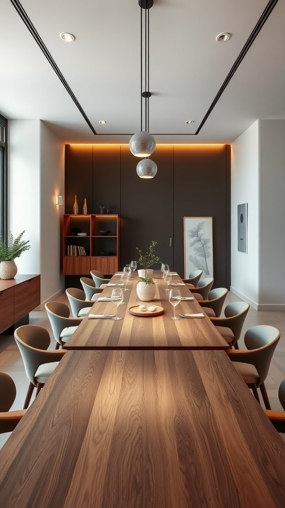Modern Italian dining room with a long wooden table, minimalist decor, and stylish pendant lights.