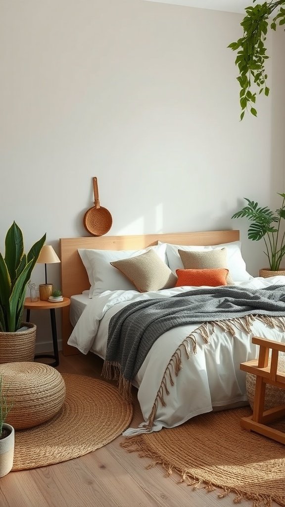 A minimalist boho bedroom with a cozy bed, textured pillows, and indoor plants.