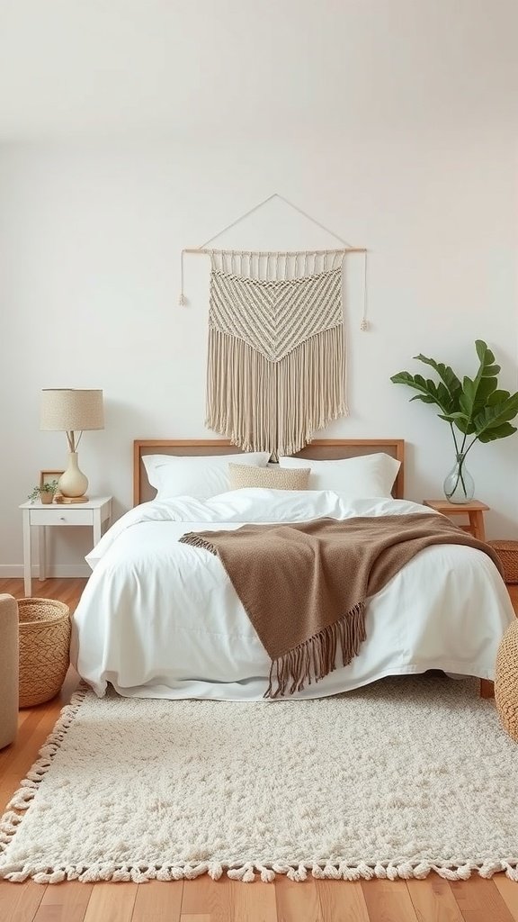 A minimalist boho chic bedroom featuring a wooden bed with white bedding, a macramé wall hanging, and decorative plants.