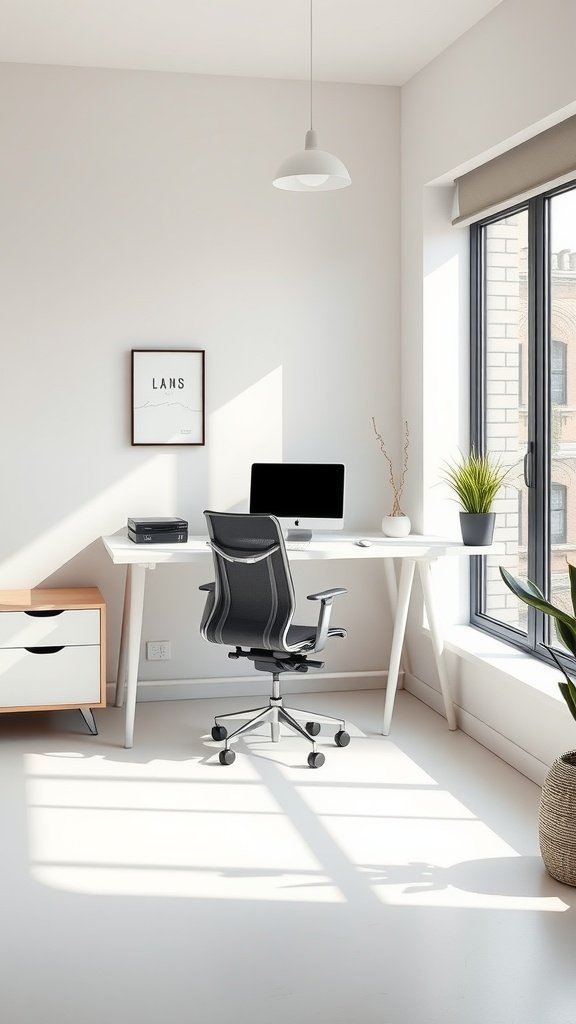 A minimalist home office setup featuring a desk, chair, and plants, with ample natural light.