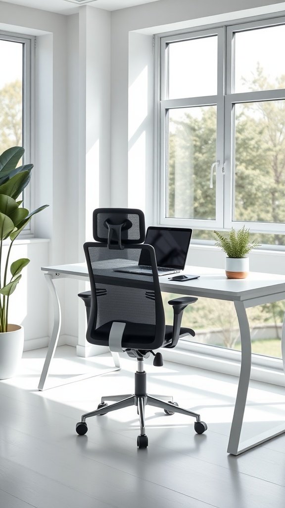 A minimalist monochrome home office setup featuring a desk, ergonomic chair, and a plant by the window.