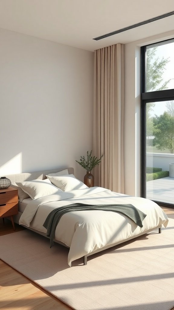 A minimalist master bedroom with a low-profile bed, neutral bedding, and large windows.
