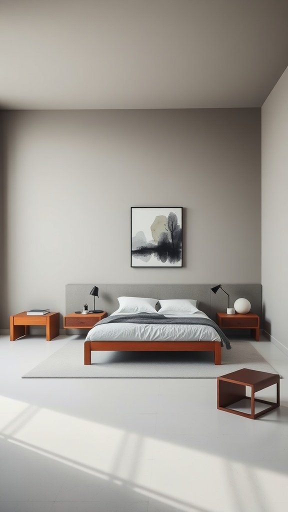 A minimalist bedroom featuring a gray color palette, wooden furniture, and modern decor elements.